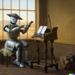 A robot composing music in front of a sun-splashed window.