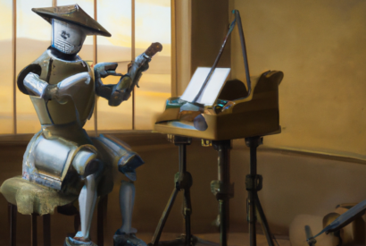 A robot composing music in front of a sun-splashed window.